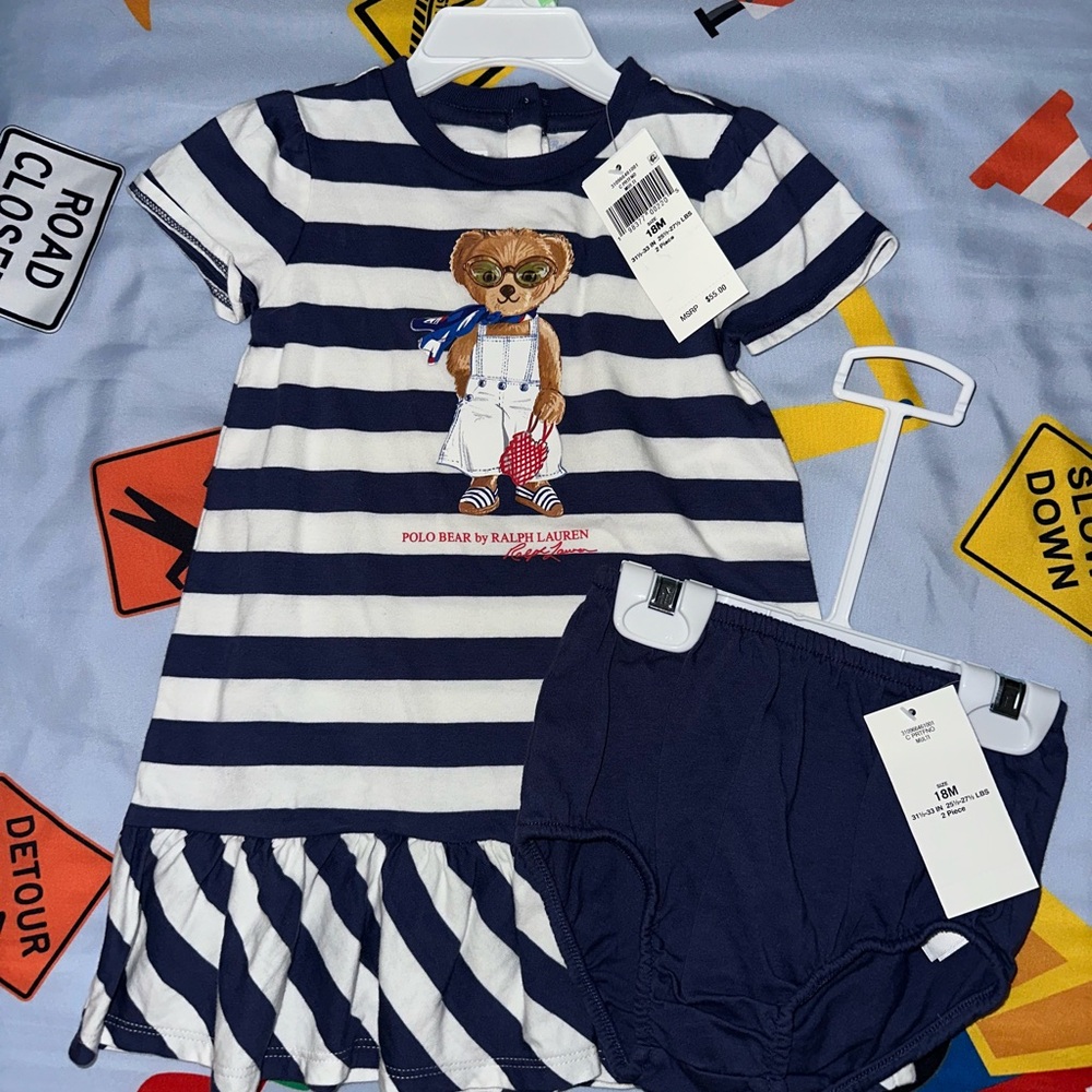 Ralph Lauren Navy and White Striped Polo Bear Tee